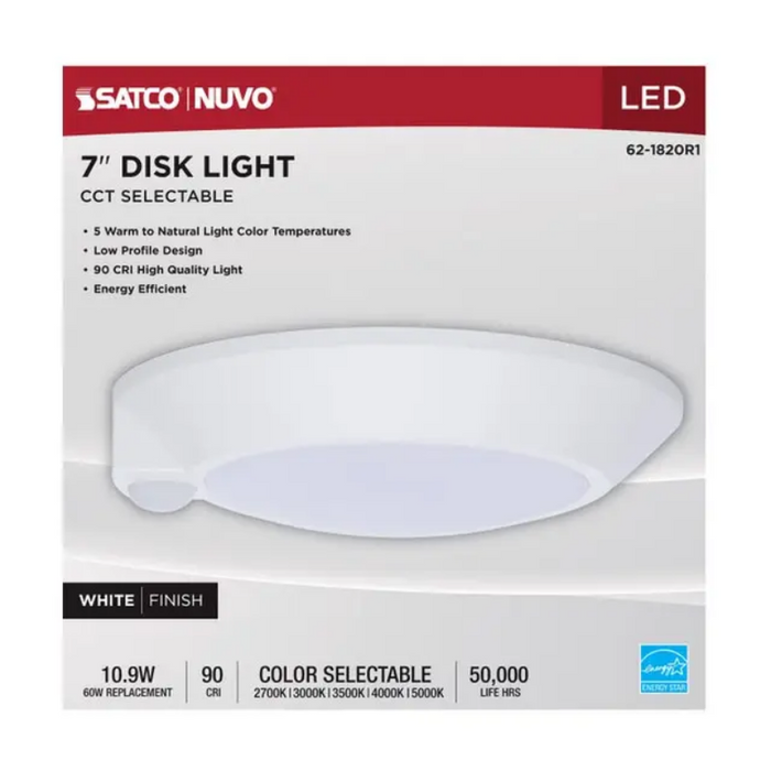 Nuvo 62-1820 7" LED Disk Light with Occupancy Sensor, 5CCT Selectable, 120V, White Finish