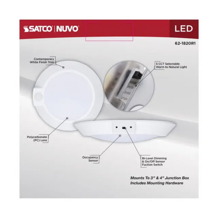 Nuvo 62-1820 7" LED Disk Light with Occupancy Sensor, 5CCT Selectable, 120V, White Finish
