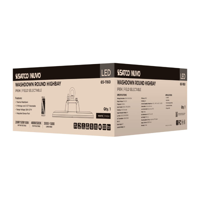 Nuvo 65-1161 100W/150W/200W  LED Washdown Round High Bay, 2CCT & 3 Lumens Selectable, 277-480V