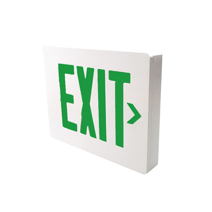Dual-Lite SESGWE Die Cast LED Exit Sign, Universal Mount, Single Face, Green Letters, White Finish, Emergencey Operation