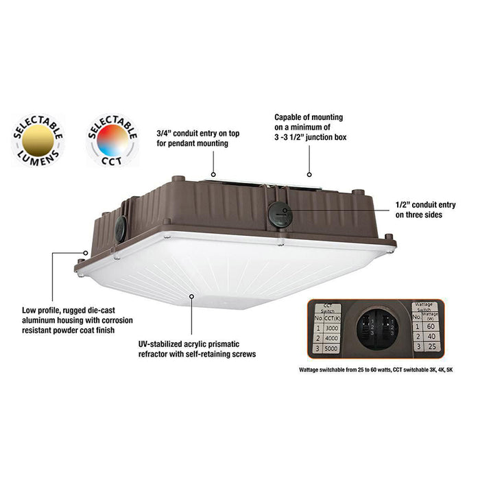Evolve ECP160WLSCS 25W/40W/60W LED Canopy Light, 3000K/4000K/5000K Selectable, up to 8312 Lumens, 120-277V
