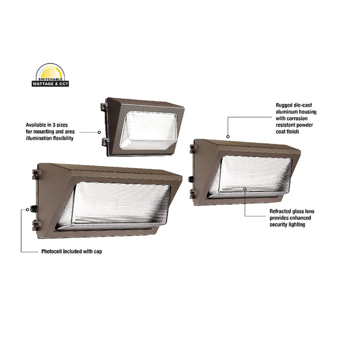 EXO WGH2 30W/40W/50W/60W/70W LED Switchable Glass Refractor Wall Pack, CCT Selectable