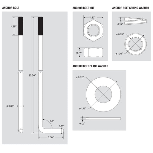 Keystone KT-ABOLT-4SQ-K1 20" Anchor Bolts and Custom Anchor Bolt Template, Set of 4, For 30ft Poles