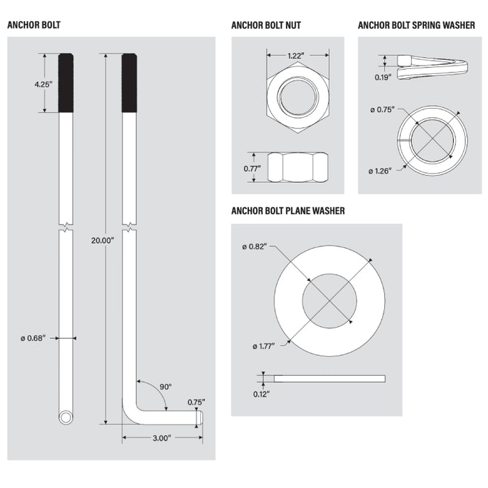 Keystone KT-ABOLT-4SQ-K1 20" Anchor Bolts and Custom Anchor Bolt Template, Set of 4, For 30ft Poles