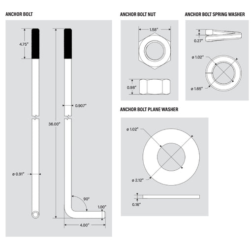 Keystone KT-ABOLT-5SQ-K1 36" Anchor Bolts and Custom Anchor Bolt Template, Set of 4, For 30ft Poles