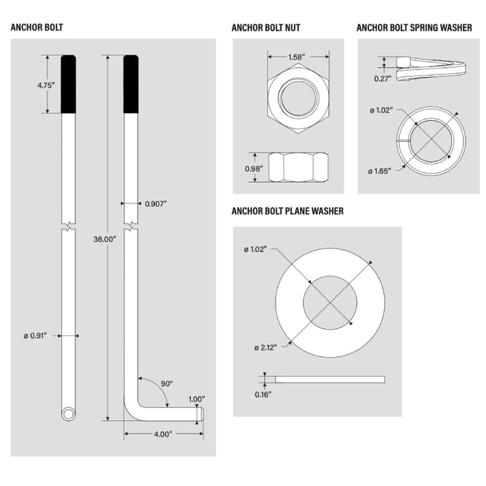 Keystone KT-ABOLT-5SQ-K1 36" Anchor Bolts and Custom Anchor Bolt Template, Set of 4, For 30ft Poles