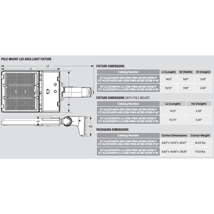 Keystone KT-ALED290PS-L2 185W/210W/290W Pole Mount LED Area Light with Optic Swap, 3 Wattage & 3CCT Selectable, 120-277V