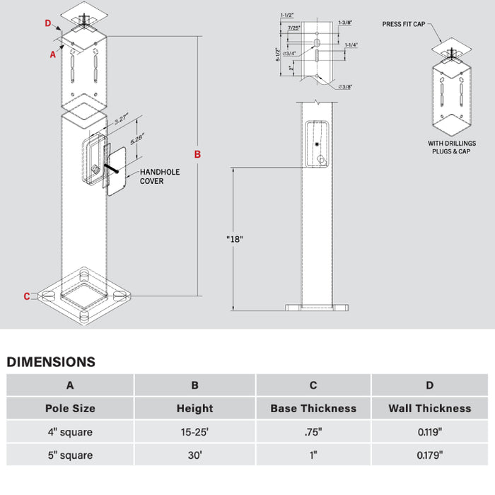 Keystone KT-SP 15-ft Square Pole, 4" Square, 11GA - 0.119" Wall Thickness