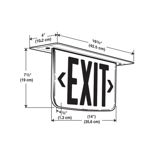 Dual-Lite LE Series Architectural Edge-Lit LED Exit Sign, Ceiling Mount, Double Face, Red Letters, 120/277V, Double Face, Red Letters, L/R Arrows, Satin Aluminum Finish, Emergency Operation, Less Rough-In Kit