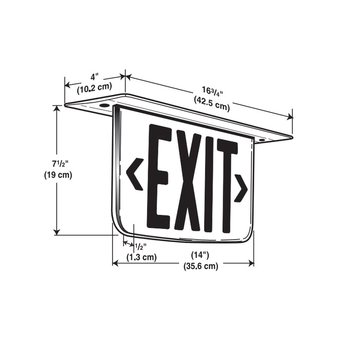Dual-Lite LE Series Architectural Edge-Lit LED Exit Sign, Ceiling Mount, Double Face, Red Letters, 120/277V, Double Face, Red Letters, L/R Arrows, Satin Aluminum Finish, Emergency Operation, Less Rough-In Kit