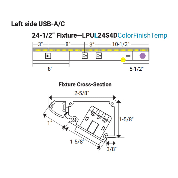 Task Lighting LPU24 24.5" DV USB Series Lighted Power Strip with USB-A/C