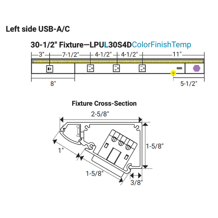 Task Lighting LPU30 30.5" DV USB Series Lighted Power Strip with USB-A/C 