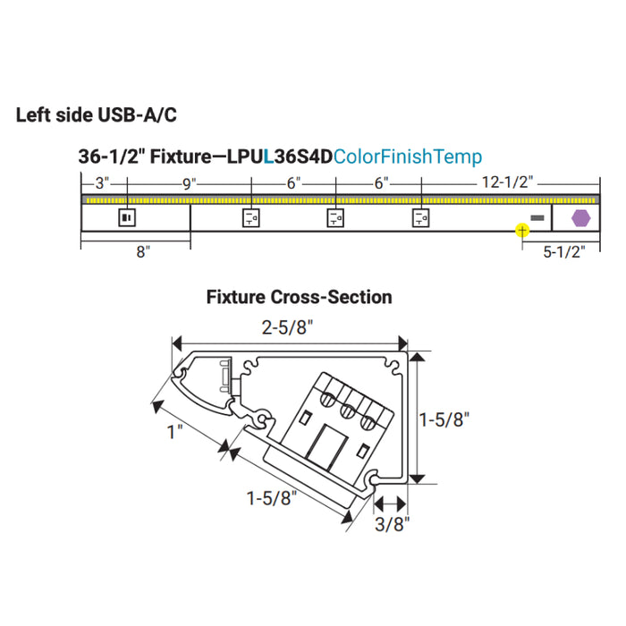 Task Lighting LPU36 36.5" DV USB Series Lighted Power Strip with USB-A/C 