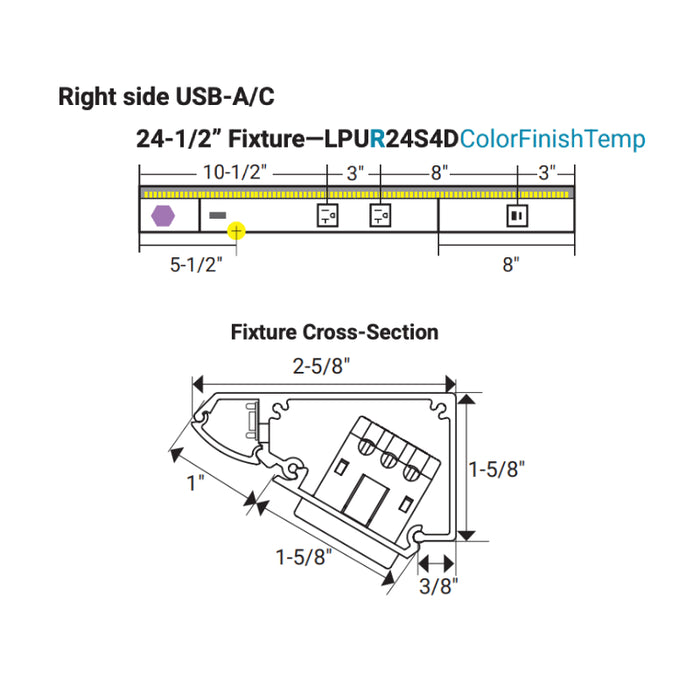 Task Lighting LPU24 24.5" DV USB Series Lighted Power Strip with USB-A/C