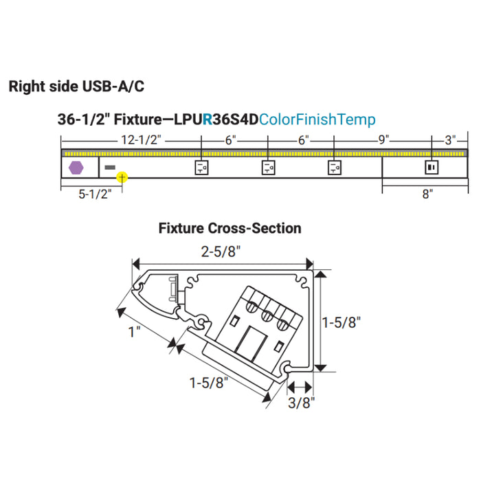 Task Lighting LPU36 36.5" DV USB Series Lighted Power Strip with USB-A/C 