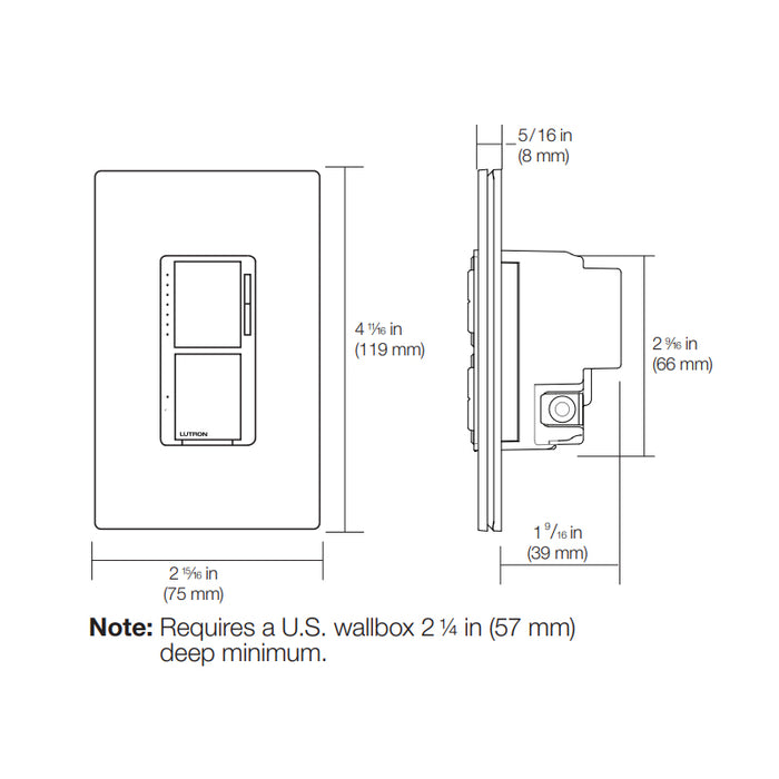Lutron MACL-L3S25-WH Maestro LED+ 75W Dual Dimmer and Switch, Single Pole