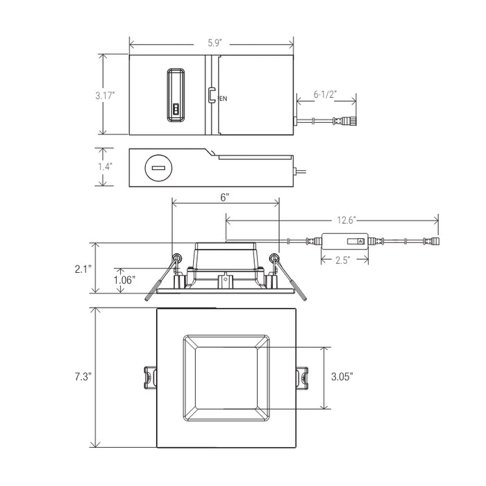 Elite RPL685 6" Square Smooth Reflector LED Downlight, Lumens & CCT Selectable