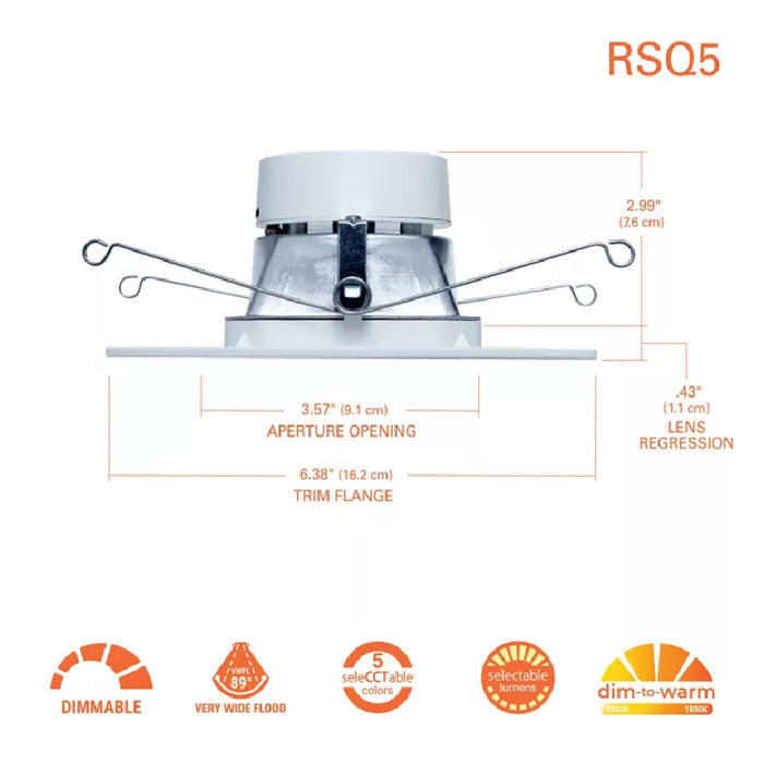 Halo RSQ5 5" LED Square Recessed Baffle Trim, 5CCT & 2 Lumens Selectable, 120V, 90 CRI, Matte White