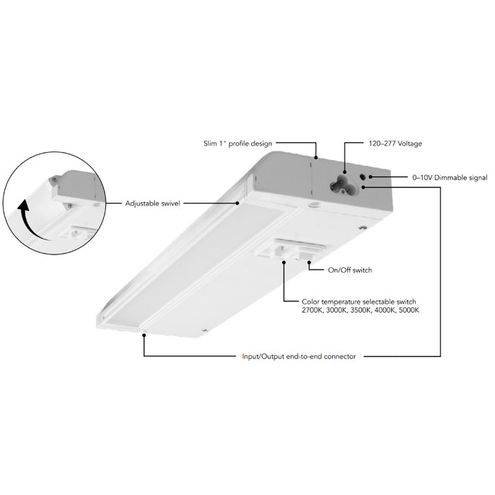Rayon RULC24 24" 10W LED Adjustable Under Cabinet, 5CCT Selectable, 120-277V