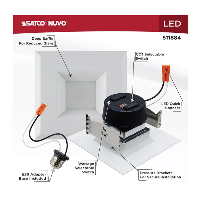 Satco S11884 4" 5.8W/7W/9.5W LED Square Downlight Retrofit, CCT Selectable