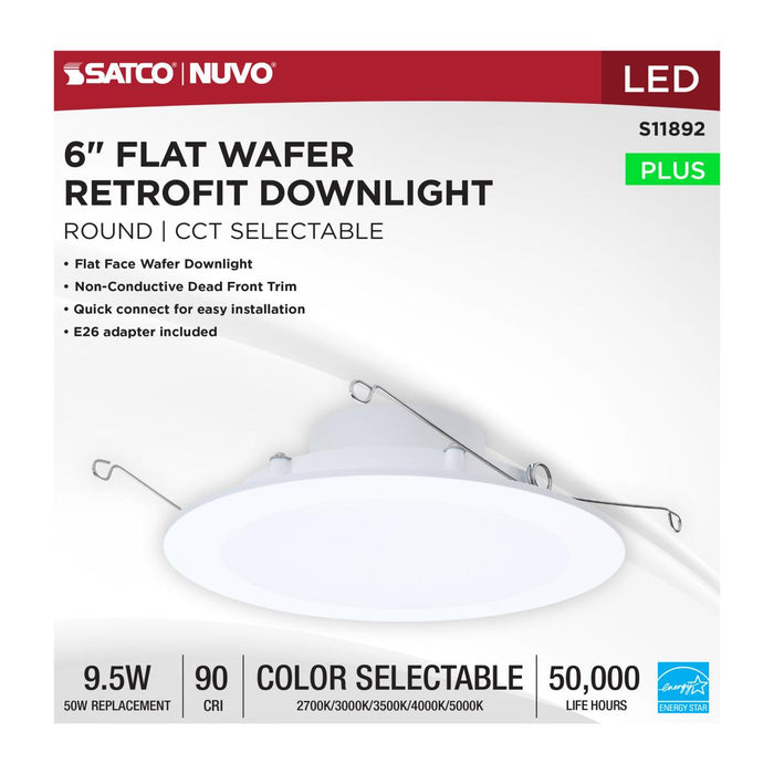 Satco S11892 6" 9.5W LED Downlight, Flat Wafer Lens,  CCT Selectable