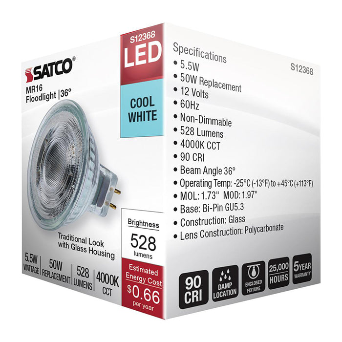 Satco S12368 5.5W MR16 LED Bulb, GU5.3 Base, 4000K