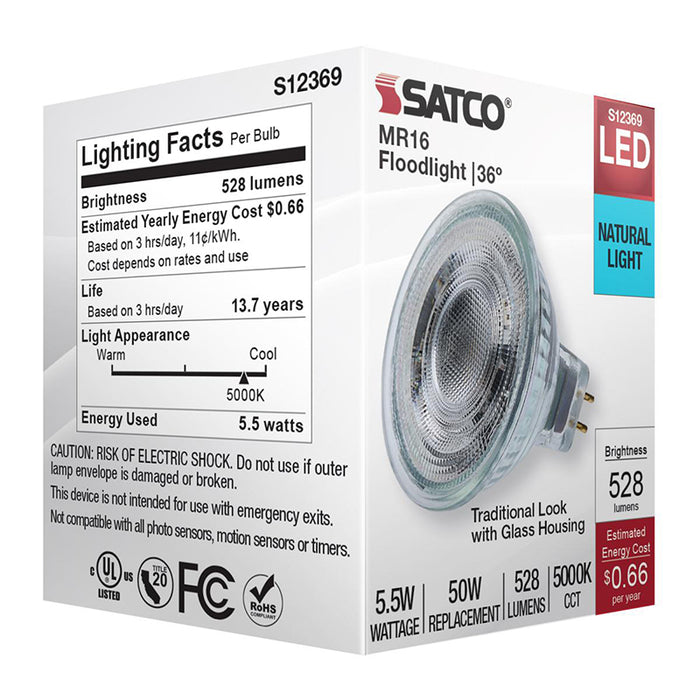 Satco S12369 5.5W MR16 LED Bulb, GU5.3 Base, 5000K