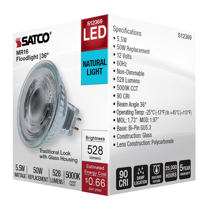 Satco S12369 5.5W MR16 LED Bulb, GU5.3 Base, 5000K