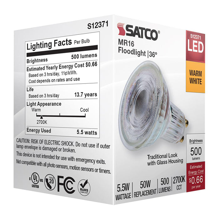 Satco S12371 5.5W MR16 LED Bulb, GU10 Base, 2700K