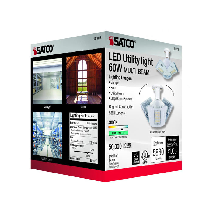 Satco S13118 60W LED Utility Light, Corncob; 4000K; Medium Base; 100-277V; Adjustable Beam Angle