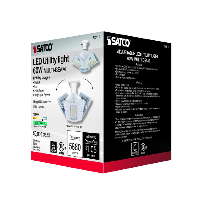 Satco S13118 60W LED Utility Light, Corncob; 4000K; Medium Base; 100-277V; Adjustable Beam Angle