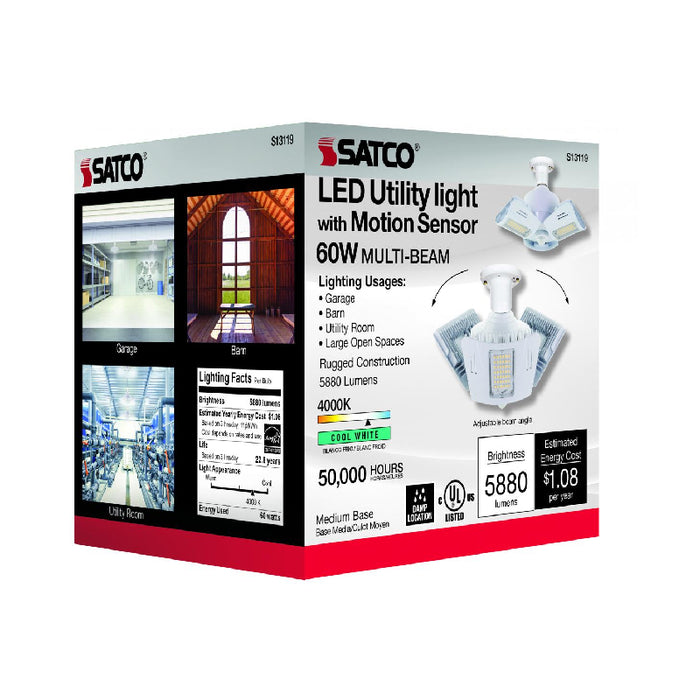 Satco S13119 60W LED Utility Light, Corncob; 4000K; Medium Base; 100-277V; Adjustable Beam Angle; Clear