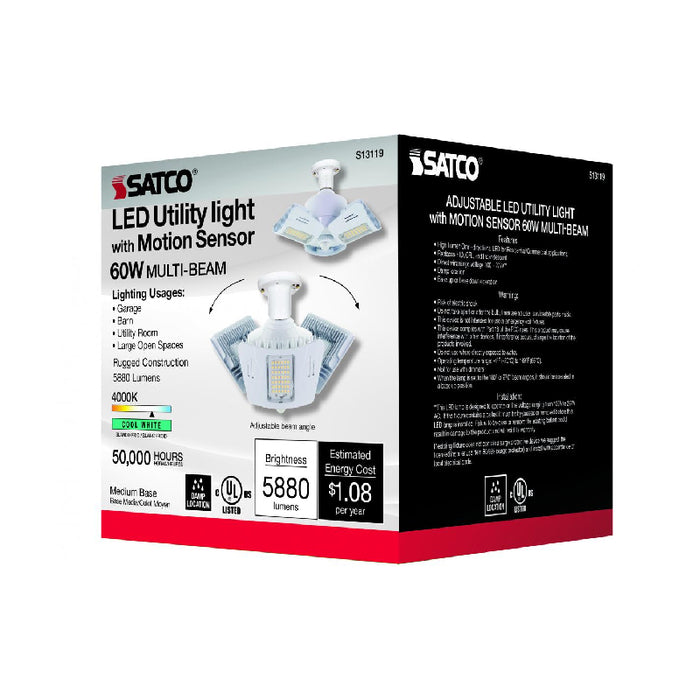 Satco S13119 60W LED Utility Light, Corncob; 4000K; Medium Base; 100-277V; Adjustable Beam Angle; Clear