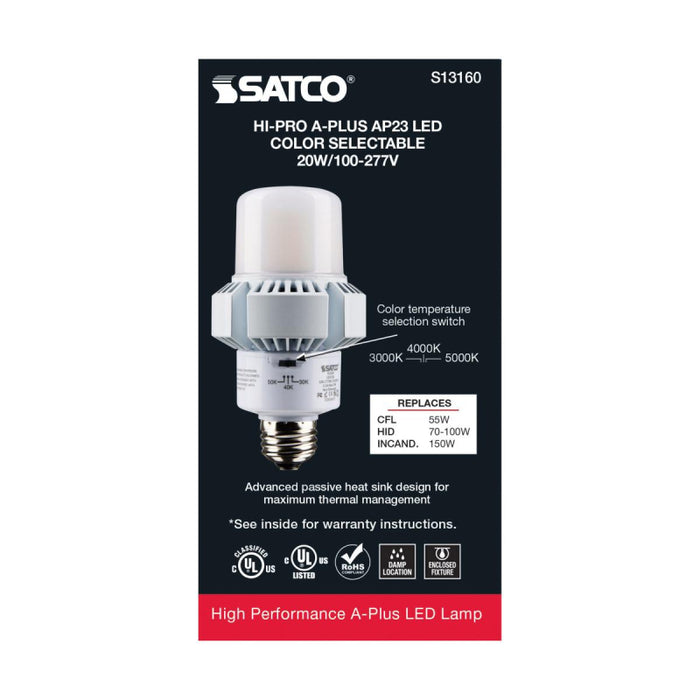 Satco S13160 20W A-Plus LED Bulb; AP23; 3CCT Selectable; Medium Base; 120-277V; Type B