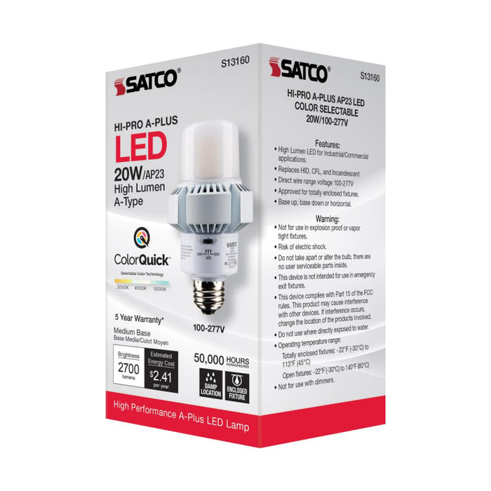 Satco S13160 20W A-Plus LED Bulb; AP23; 3CCT Selectable; Medium Base; 120-277V; Type B