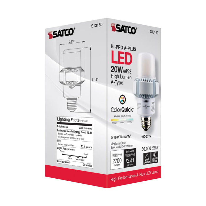 Satco S13160 20W A-Plus LED Bulb; AP23; 3CCT Selectable; Medium Base; 120-277V; Type B