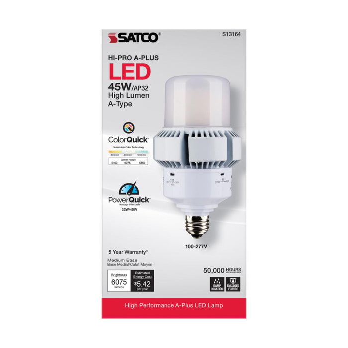 Satco S13164 45W/22W A-Plus LED Bulb; AP23; 3CCT Selectable; Medium Base; 120-277V; Type B