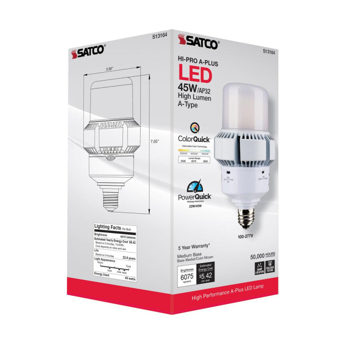 Satco S13164 45W/22W A-Plus LED Bulb; AP23; 3CCT Selectable; Medium Base; 120-277V; Type B