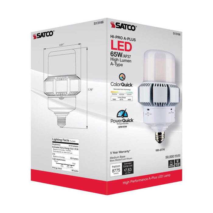 Satco S13166 65W/32W A-Plus LED Bulb; AP37; 3CCT Selectable; Medium Base; 120-277V; Type B
