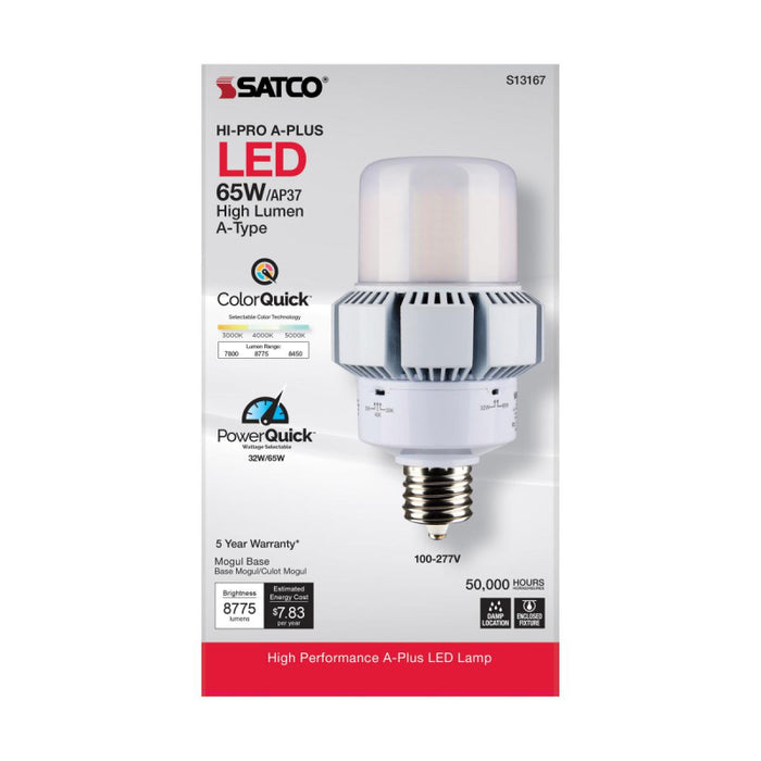 Satco S13167 65W/32W A-Plus LED Bulb; AP37; 3CCT Selectable; Mogul Extended Base; 120-277V; Type B