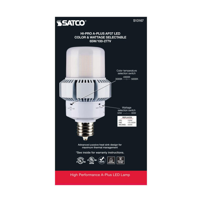 Satco S13167 65W/32W A-Plus LED Bulb; AP37; 3CCT Selectable; Mogul Extended Base; 120-277V; Type B