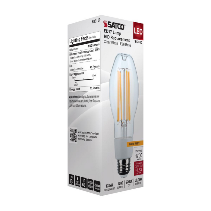 Satco S13180 13.5W LED HID, ED17, 2200K, E26 Base, 120-277V, Type-B