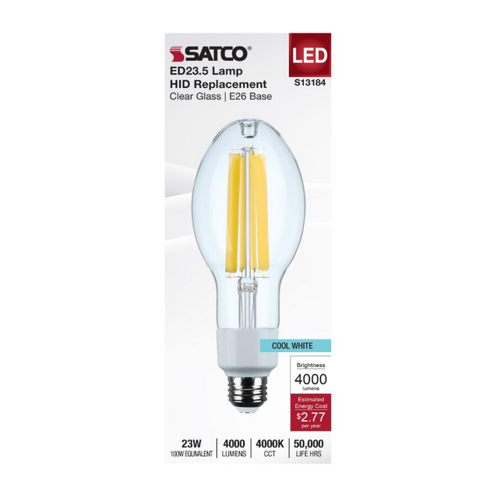 Satco S13184 23W LED HID, ED23.5, 4000K, E26 Base, 120-277V, Type-B