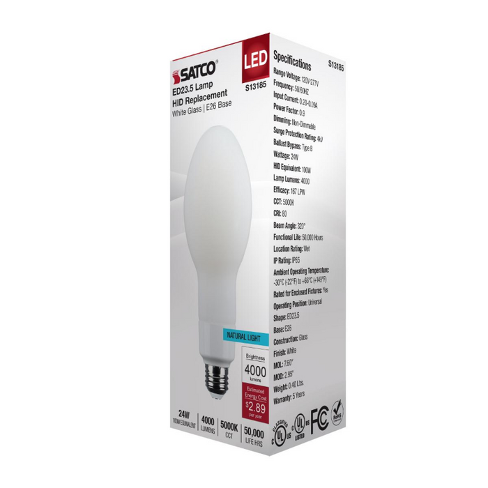Satco S13185 24W LED HID, ED23.5, 5000K, E26 Base, 120-277V, Type-B