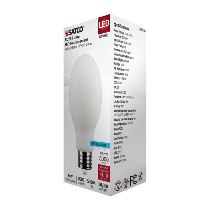 Satco S13188 34W LED HID, ED28, 5000K, EX39 Base, 120-277V, Type-B