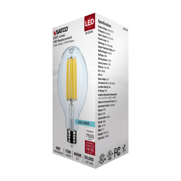 Satco S13191 40W LED HID, ED37, 4000K, EX39 Base, 120-277V, Type-B