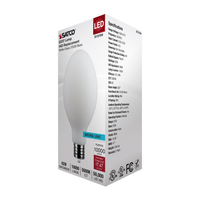 Satco S13194 62W LED HID, ED37, 5000K, EX39 Base, 120-277V, Type-B