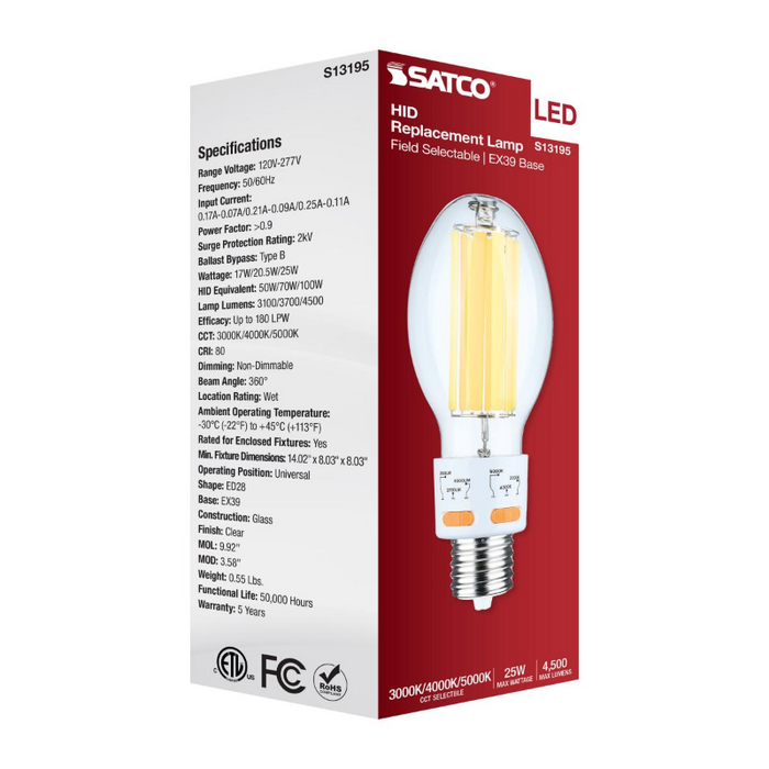 Satco S13195 17W/20.5W/25W LED HID, ED28, 3CCT Selectable, EX39 Base, 120-277V, Type-B
