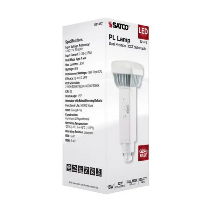 Satco S21412 16W PL 4-Pin LED Bulb, 5CCT Selectable, G24q Base, 120-277V, Type A/B