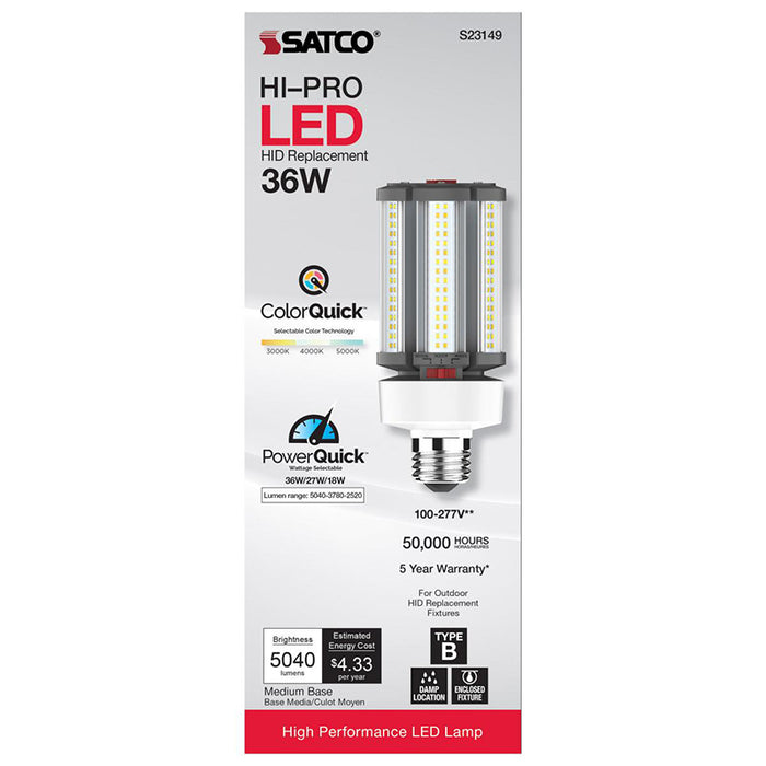 Satco S23149 36W/27W/18W LED HID, Corncob, 3CCT Selectable, E26 Base, 100-277V, Type B